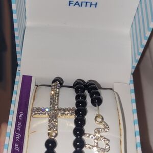 Black Beaded Cross Necklace with Gold Accents